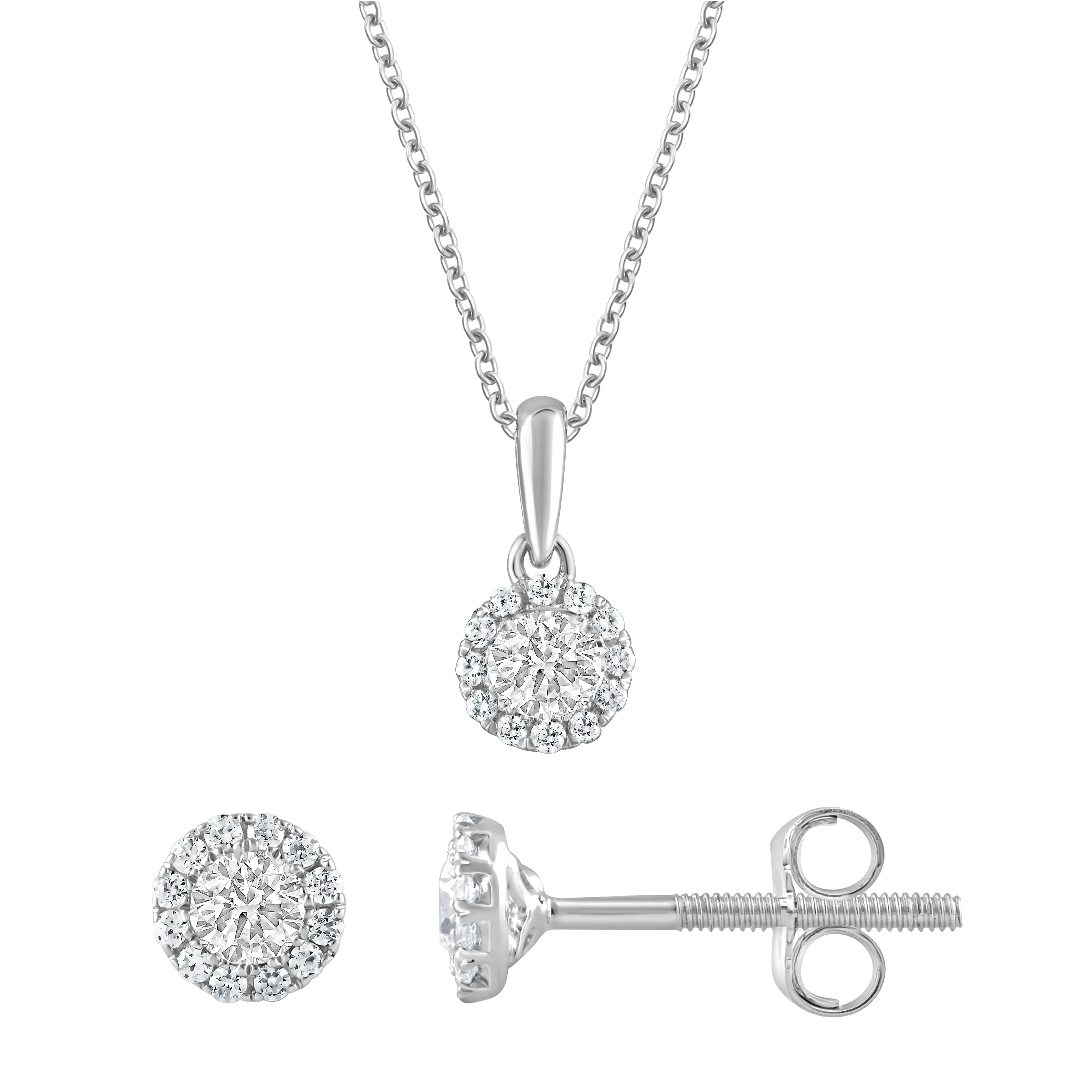 0.50 Carat Lab Grown Sterling Silver Diamond Halo Necklace And Earrings Set
