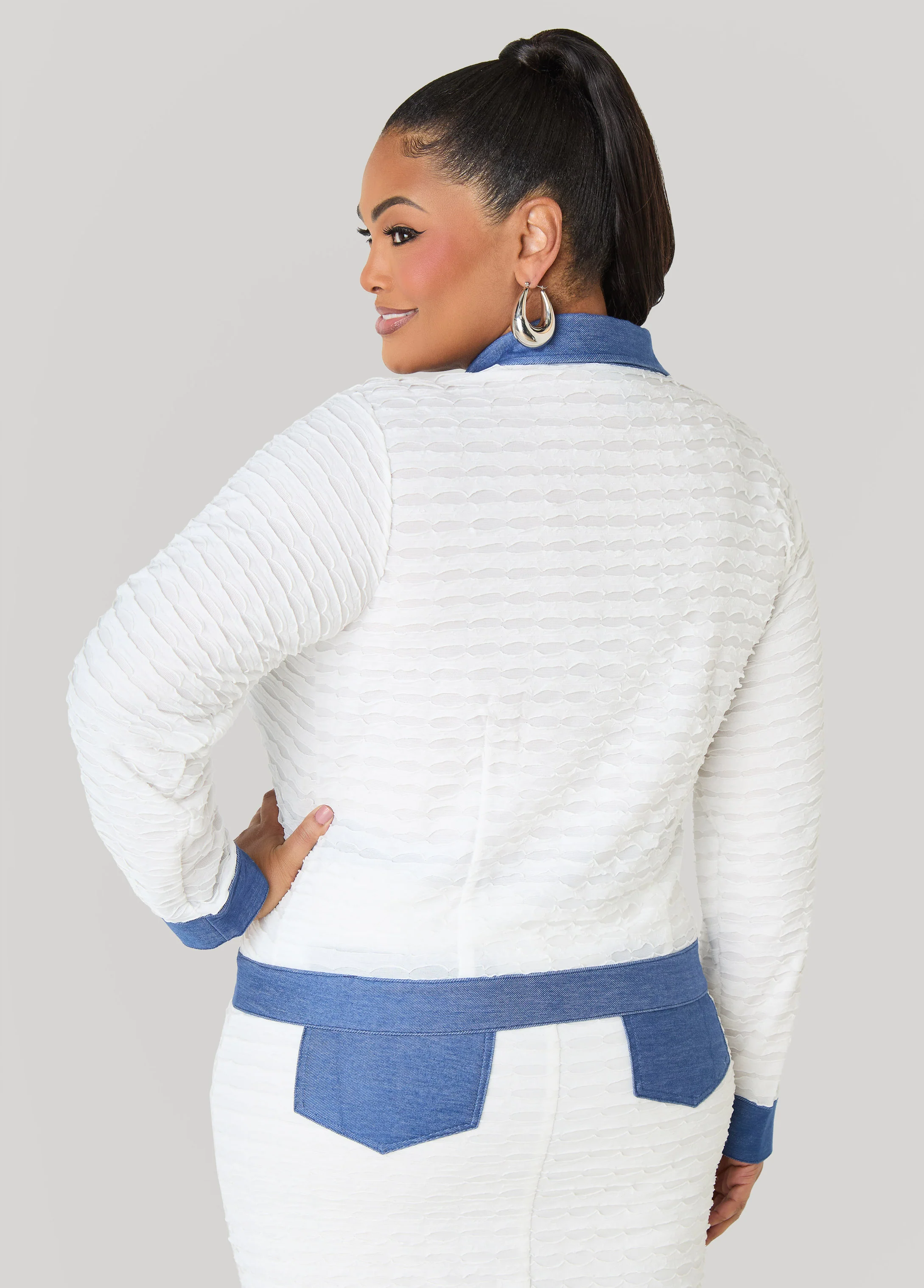 Denim Paneled Textured Jacket - Image 2